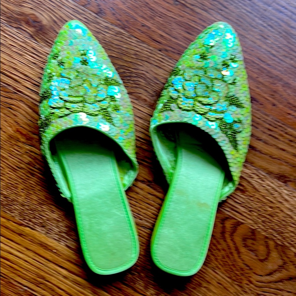 Slippers: Lime Green Sequin / Beaded Women's Mules and free tutu included! - Picture 5 of 7